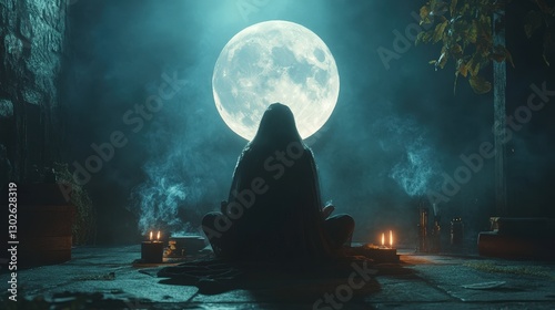 A witch casting a spell under the new moon, using a black candle and incense to symbolize new beginnings and intention setting