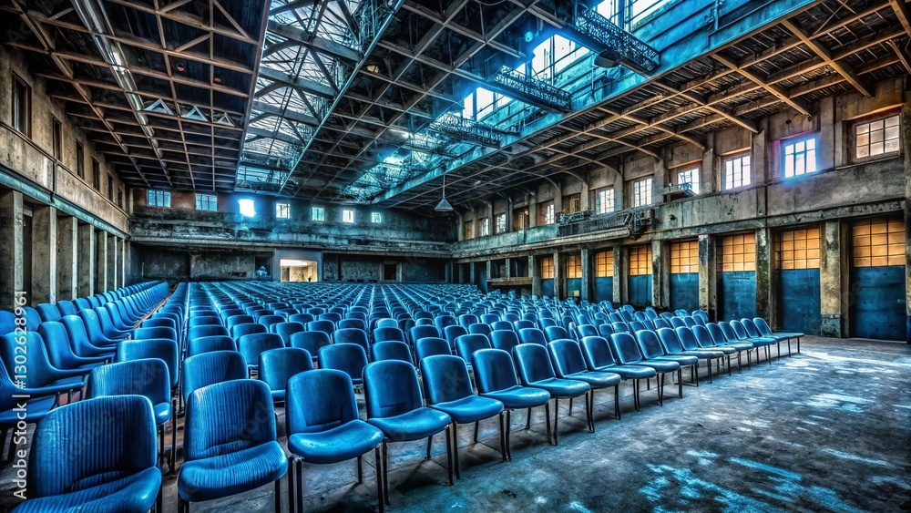 Fototapeta premium Empty Conference Room, Blue Chairs, Rear View - Urban Exploration Photography