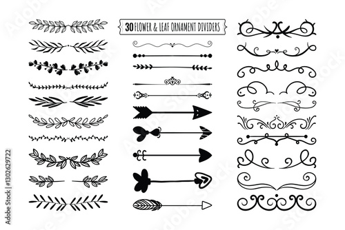 Floral and Leaf Ornament Dividers – Hand-drawn vine decorations, elegant floral dividers, and intricate leaf ornaments.