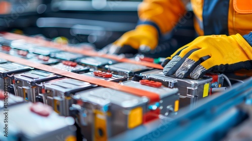 Mechanic in yellow jacket servicing electric vehicle battery in professional automotive workshop