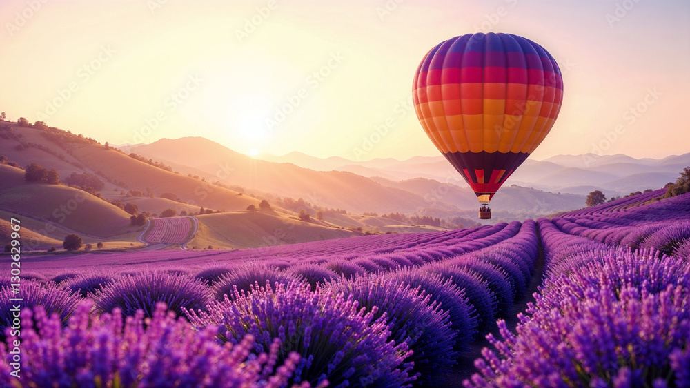 Fototapeta premium Hot air balloons ascend over vibrant lavender fields at sunset in a picturesque landscape