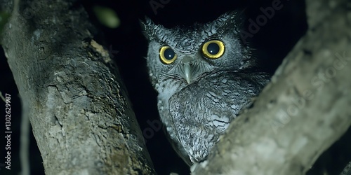 Eastern screech owl portrait perched on a tree branch at night time