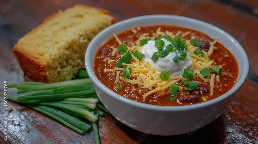 Delicious Chili Bowl Topped With Cheese And Green Onions Delicious Chili Bowl Topped With Cheese And Green Onions