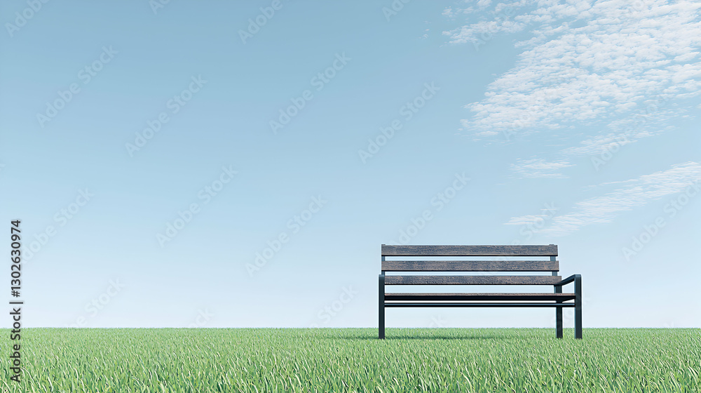 Empty Wooden Bench on Green Grass Under Blue Sky with Clouds Empty Wooden Bench on Green Grass Under Blue Sky with Clouds