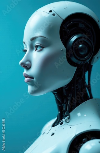 the robot is facing forward and raised his hand up, smiling , household assistants, artificial intelligence, helping a person, light background, free space on the side for text