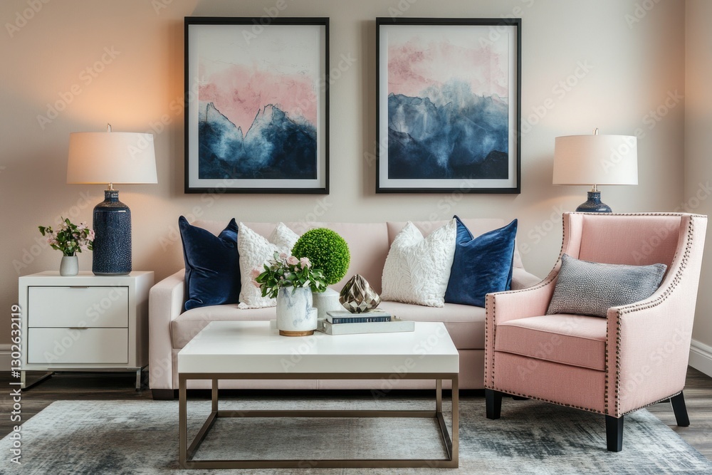 Fototapeta premium Modern living room with pink armchair, navy blue pillows, and abstract art.