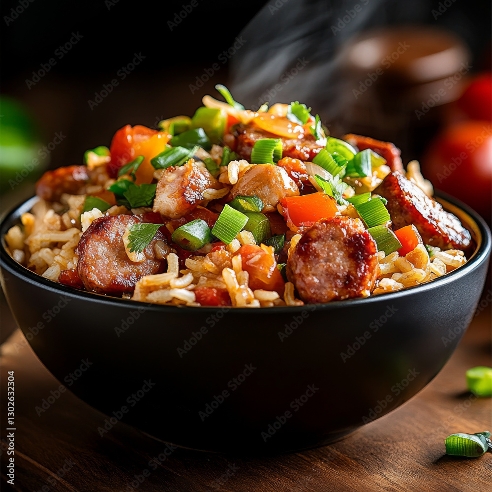 steaming bowl of fried rice with sliced sausage, vibrant vegetables, and fresh herbs creates delicious and inviting meal