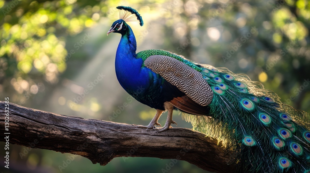 Majestic peacock perched on a branch in sunlight. (3) Majestic peacock perched on a branch in sunlight. (3)