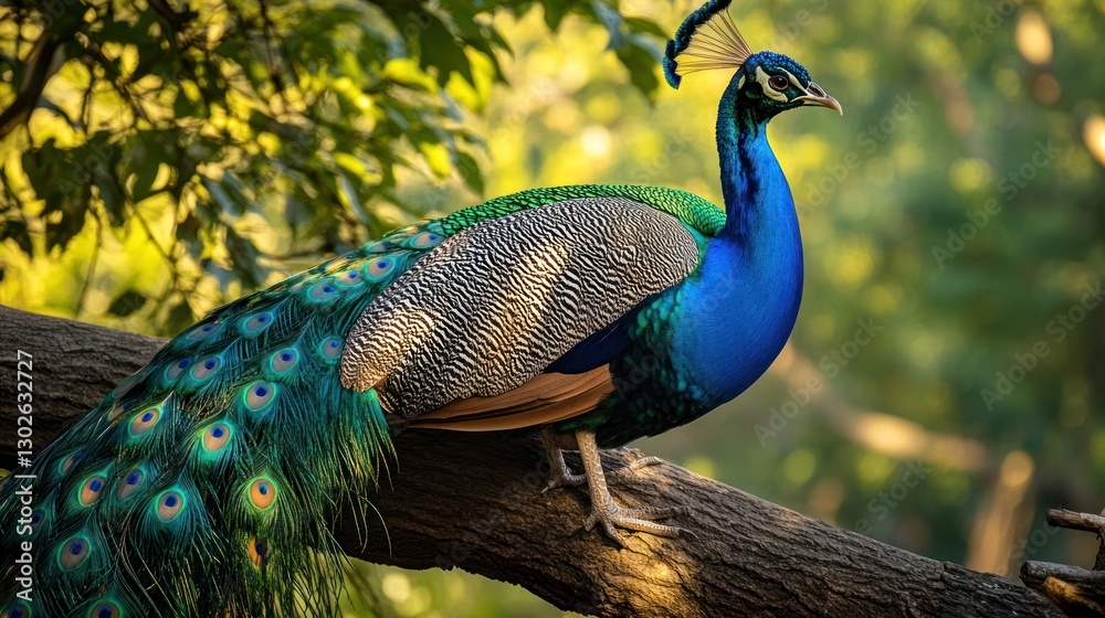 Majestic peacock perched on a tree branch, showcasing vibrant plumage. (2) Majestic peacock perched on a tree branch, showcasing vibrant plumage. (2)