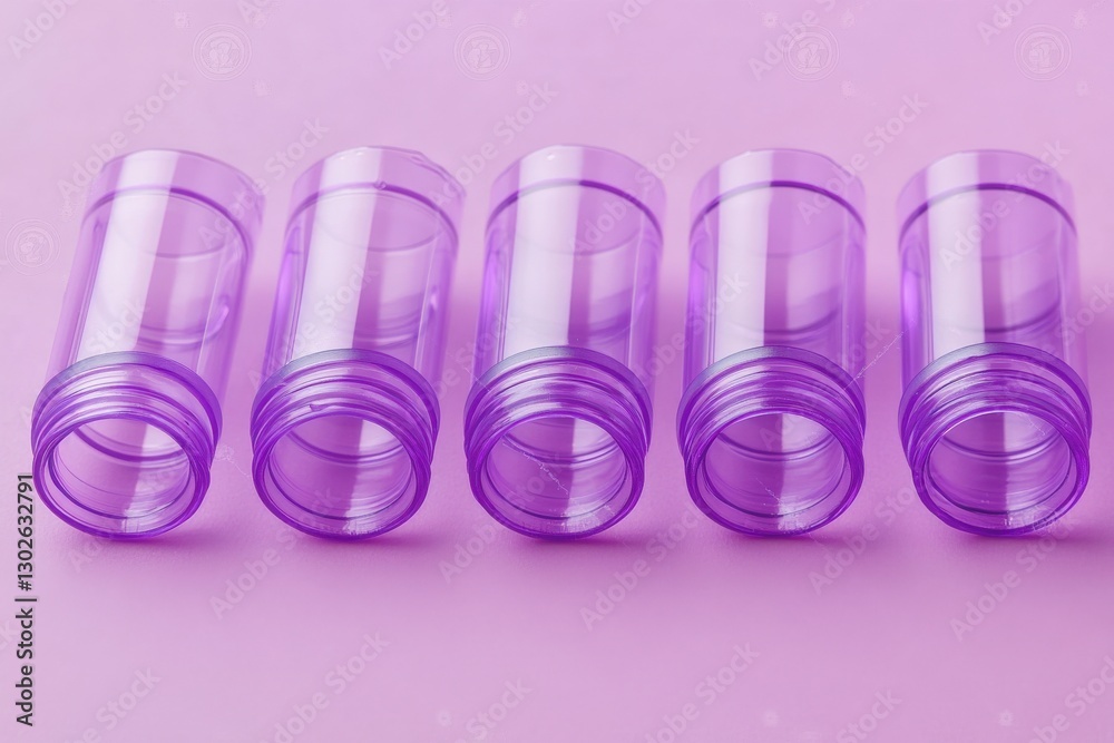 Five Transparent Purple Bottles on a Soft Pink Background for Creative Projects Five Transparent Purple Bottles on a Soft Pink Background for Creative Projects