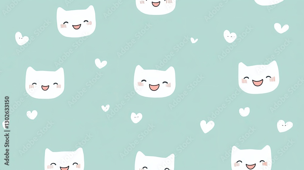 Obraz premium Cute Cat Faces Pattern on Soft Blue Background with Hearts