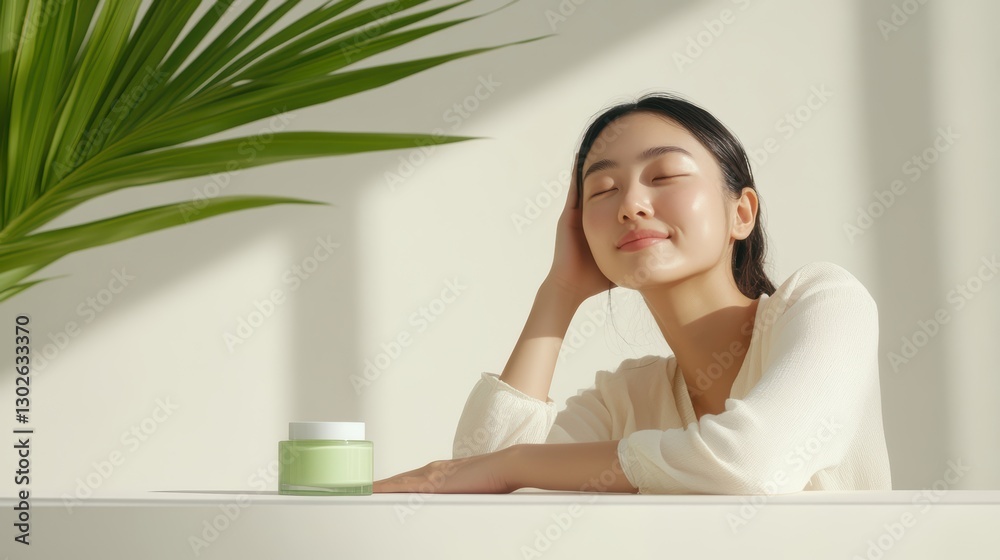Asian young female relaxing with skincare product in sunlit room Asian young female relaxing with skincare product in sunlit room