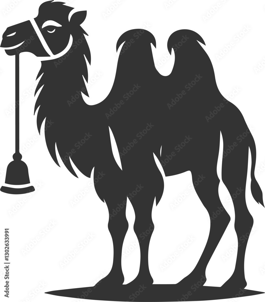 Fototapeta premium Camel with a bell around its neck, looking curious animal vector silhouette