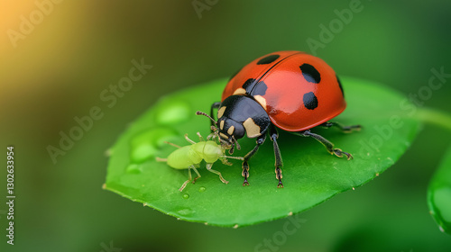 A colorful ladybug enjoys its meal, devouring an aphid on a green leaf. This moment highlights the natural pest control process occurring in a garden setting, promoting organic gardening practices