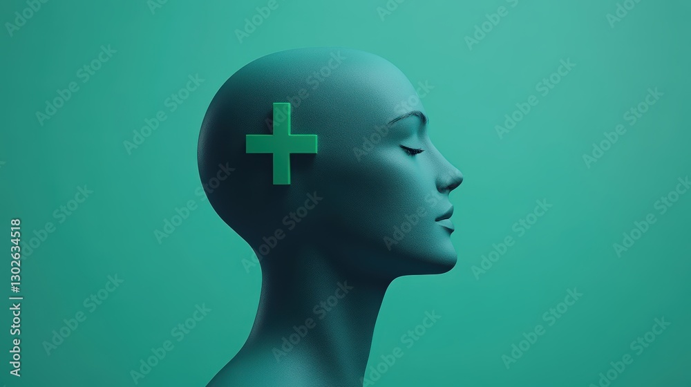 Abstract profile silhouette with green cross on ear Abstract profile silhouette with green cross on ear