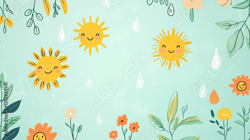 Cute Sun and Flower Patterns on a Light Blue Background for Kids