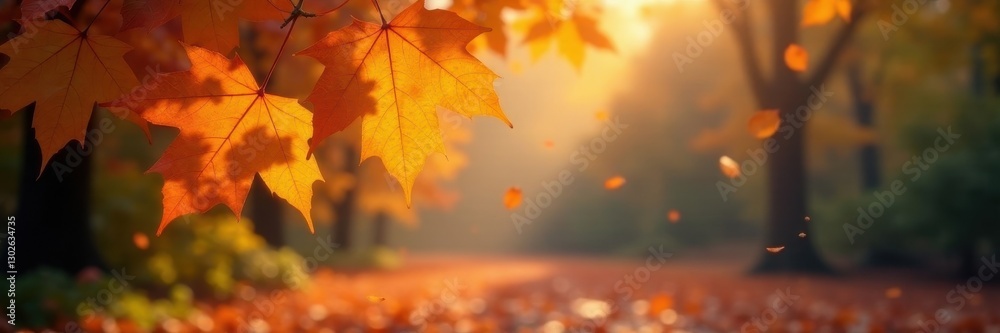 Fototapeta premium Falling autumn leaves, bokeh lights, dreamy fall scene, whimsical, element, blurred
