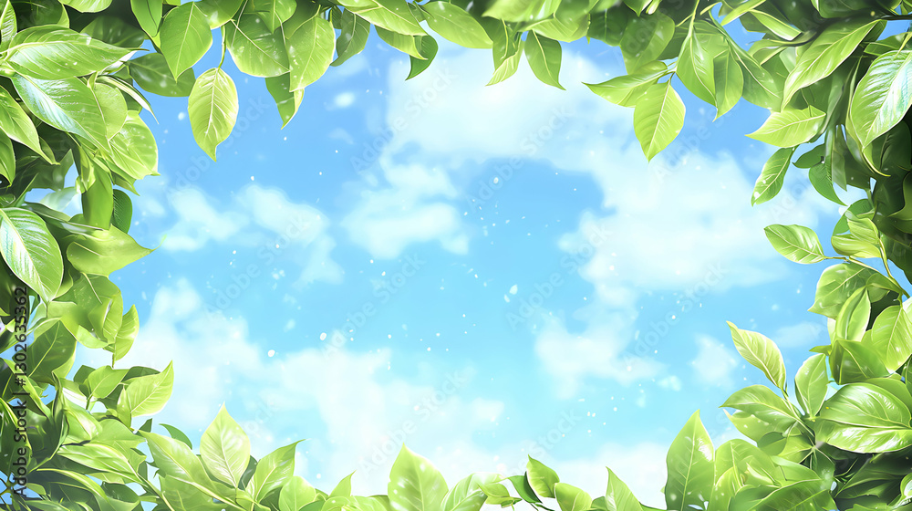 Bright Green Leaves Frame Encircling a Blue Sky with Fluffy White Clouds Bright Green Leaves Frame Encircling a Blue Sky with Fluffy White Clouds