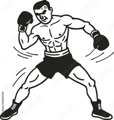 Boxer in fighting stance retro illustration of male athlete prepared for boxing match