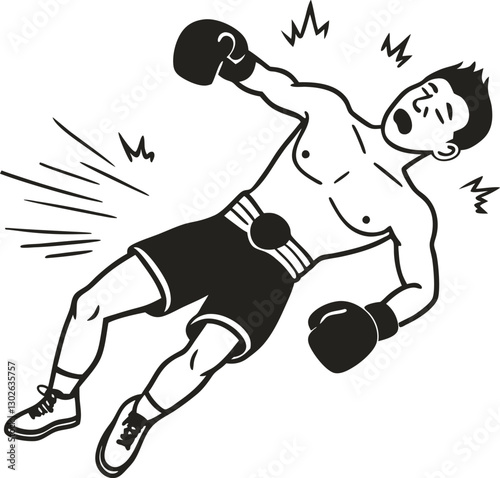 Boxer knocked out, retro comic black and white illustration dynamic motion depicting impact with stars