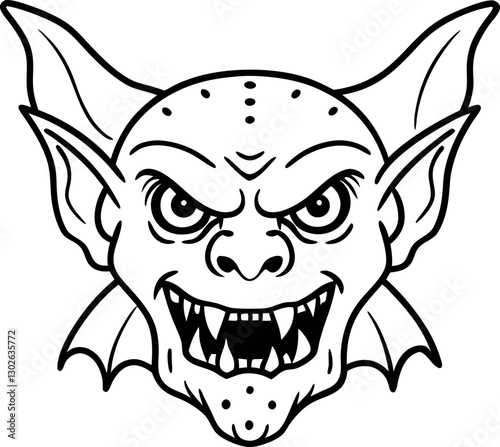 Fierce gargoyle face illustration, wings and fangs mythical creature, gothic art, monster tattoo design