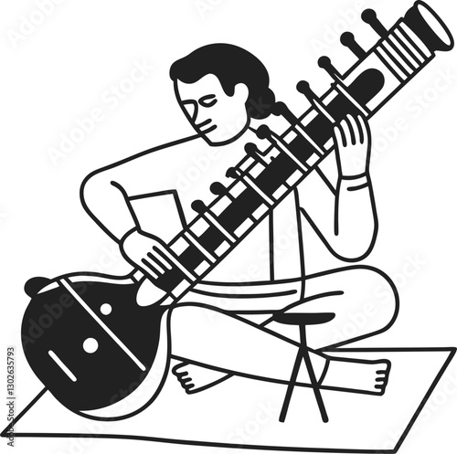 Man playing sitar illustration traditional indian music, musical instrument, cultural heritage