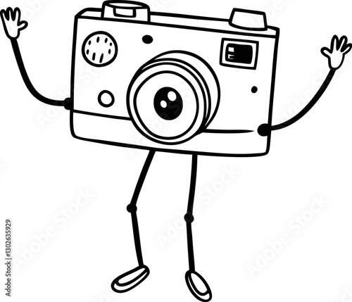 Happy camera character illustration with arms and legs waving cheerfully