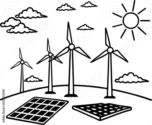 renewable energy landscape with wind turbines and solar panels under sun and clouds