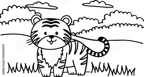 Cute tiger in natural habitat with doodles of grass and trees