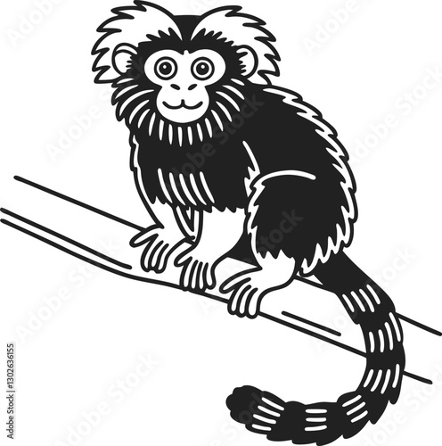 line art illustration of marmoset sitting on branch small monkey with bushy tail and expressive eyes tropical primate ecosystem