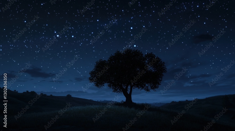 The silhouette of a lone tree under a dark, starry sky The silhouette of a lone tree under a dark, starry sky