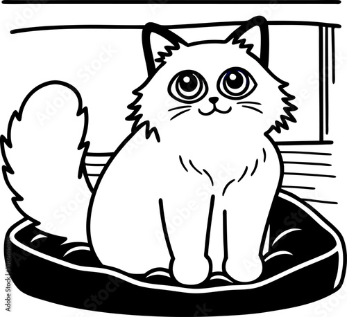 Cute fluffy cat sitting in pet bed adorable feline with big eyes black and white illustration