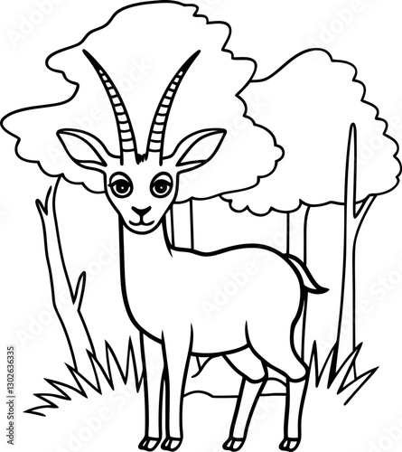 Gazelle illustration in natural habitat with trees wildlife drawing for coloring safari animal outline