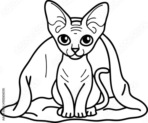 cute sphynx cat sitting under blanket, line art illustration for coloring