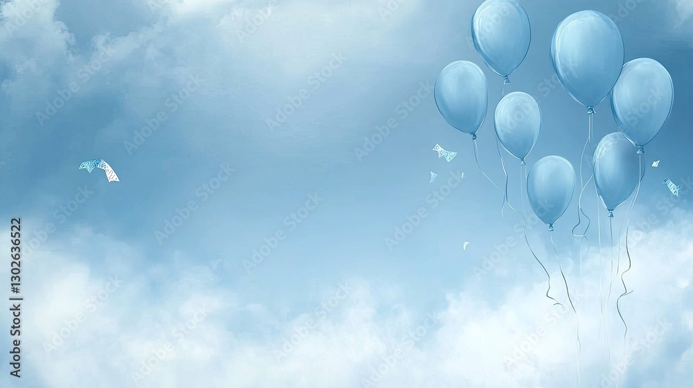 Light Blue Balloons Floating in a Dreamy Sky with Soft Clouds Light Blue Balloons Floating in a Dreamy Sky with Soft Clouds
