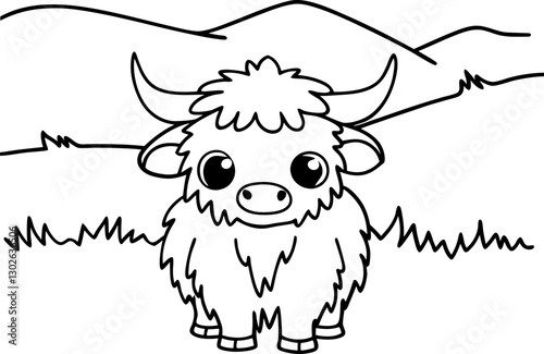 cute highland cow in a grassy field adorable cattle illustration with mountains in the background