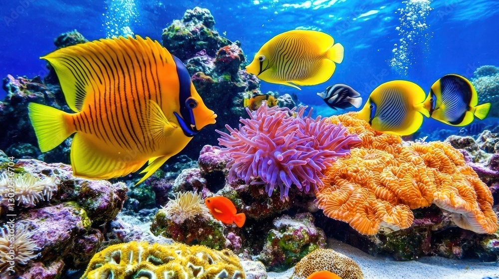 Fototapeta premium A diverse array of colorful coral reef fish swimming around healthy coral formations in clear blue water.