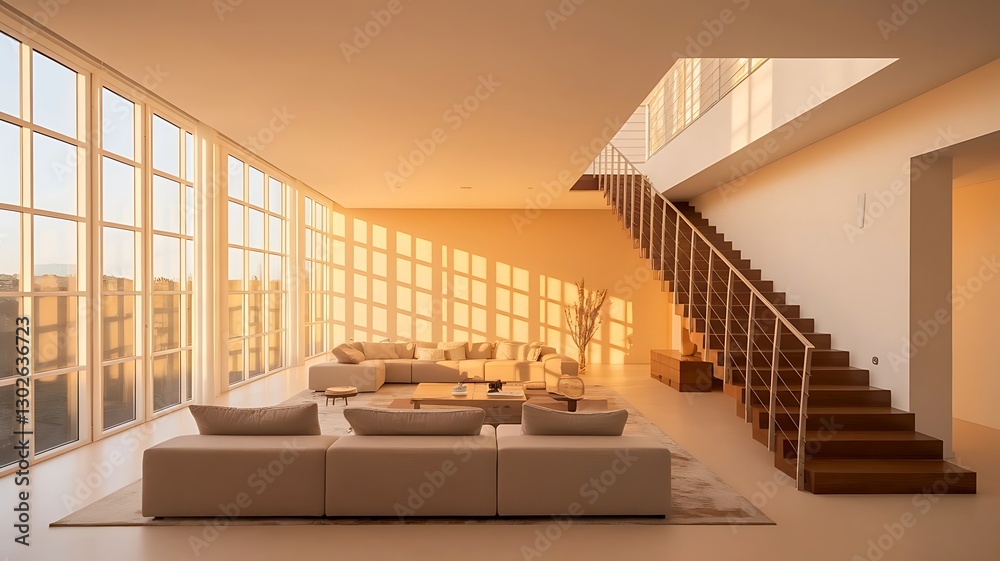 Obraz premium Stylish living room with big sofa, many windows and stairs in amazing two-story apartment