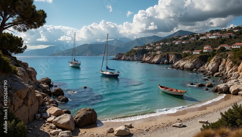 Scenic view of Croatian Dalmatian Shore with tranquil turquoise waters, sailboats, and rocky beaches under bright blue sky. Concept emphasizes beauty of Croatian Dalmatian Shore