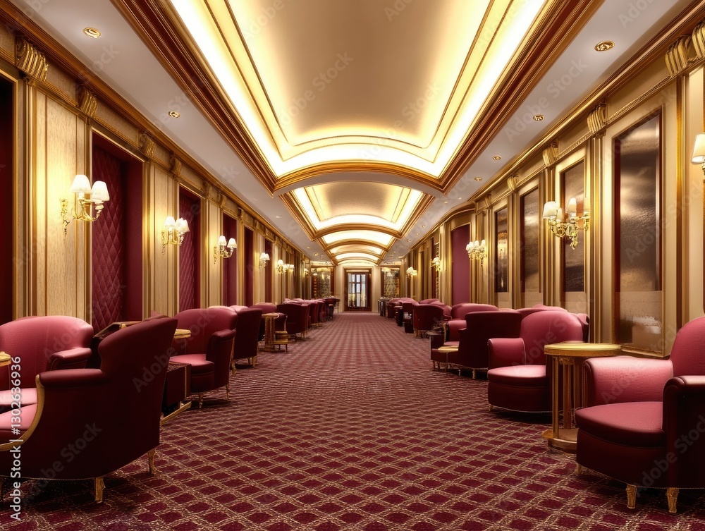 Obraz premium Elegant lounge corridor design upscale hotel interior photography luxurious ambiance wide-angle perspective hospitality concept