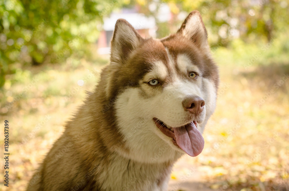 Siberian husky with lush fur stands outdoors in warm sunlight. Background features golden foliage and soft focus, creating serene, joyful atmosphere. Portrait captures vibrant, playful expression Siberian husky with lush fur stands outdoors in warm sunlight. Background features golden foliage and soft focus, creating serene, joyful atmosphere. Portrait captures vibrant, playful expression