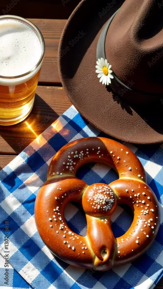 Bavarian checkered tablecloth, beer mug, pretzels, and traditional hat creating a festive oktoberfest scene on a wooden table. vertical video.