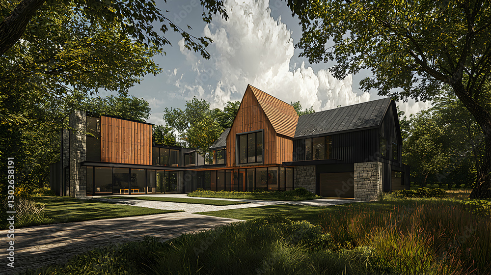 Modern Wood and Stone House in a Green Landscape Modern Wood and Stone House in a Green Landscape