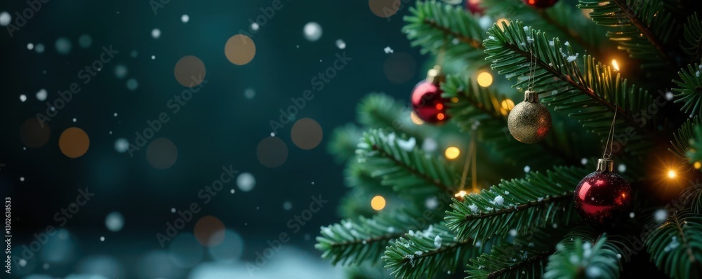 Sparkling snowflakes fall gently on a dark green Christmas tree, festive, glittery, winter