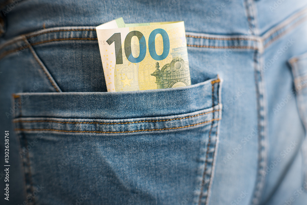 Euro banknotes in trouser pocket.