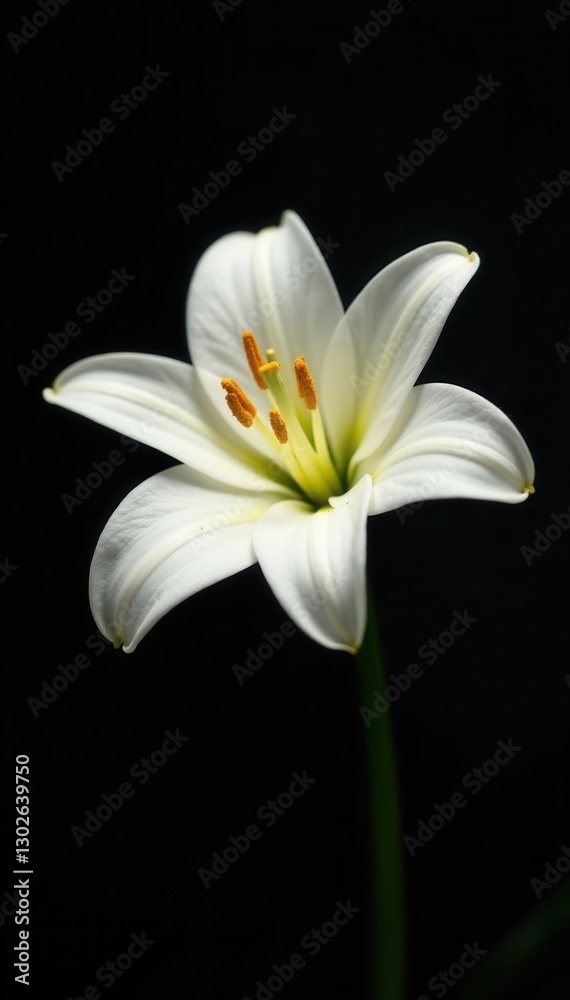 Fototapeta premium Single white lily against black, dramatic lighting, design, flower, art