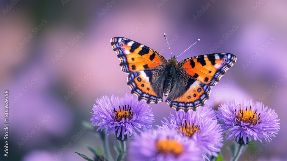 A graceful tortoiseshell butterfly perches on a vibrant purple bloom. Its wings unfold elegantly toward the right, capturing nature's delicate beauty in an outdoor setting A graceful tortoiseshell butterfly perches on a vibrant purple bloom. Its wings unfold elegantly toward the right, capturing nature's delicate beauty in an outdoor setting