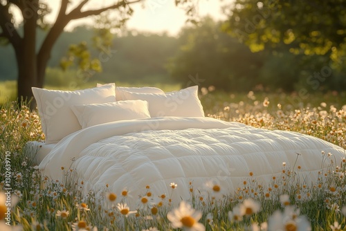 A serene bed set among wildflowers in the golden hour of a sunny day, creating a tranquil outdoor retreat