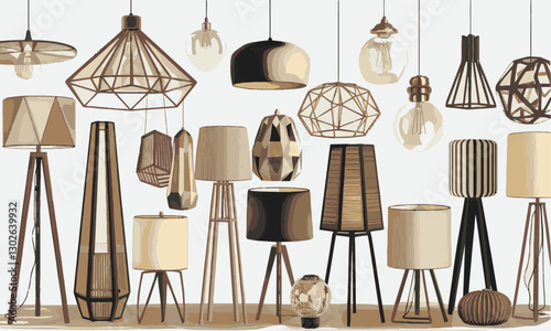 Modern vector-style illustration of various stylish lamps including table lamps, floor lamps, and hanging pendant lights. The lamps have unique designs, including wooden tripods, easily editable. 