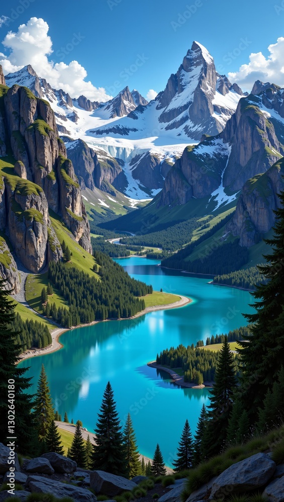 Scenic view of Chilean Fjords featuring lush greenery and sparkling blue waters beneath Snow-Capped Peaks. Concept highlights natural beauty of Chilean Fjords in tranquil landscape Scenic view of Chilean Fjords featuring lush greenery and sparkling blue waters beneath Snow-Capped Peaks. Concept highlights natural beauty of Chilean Fjords in tranquil landscape